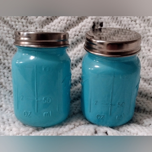 Mason Jar Light Blue Salt & Pepper Shakers With Handles  Shot Glass 4 oz - Picture 5 of 7